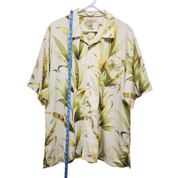 Tommy Bahama Size XL Tropical Leaf 100% Silk Button-Up Shirt Beige Short Sleeve - Picture 7 of 9